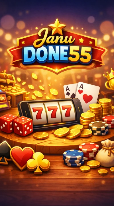 online casino slot games image showing 777, jack port, playing cards, dice and gold coins with Done55 Game branding